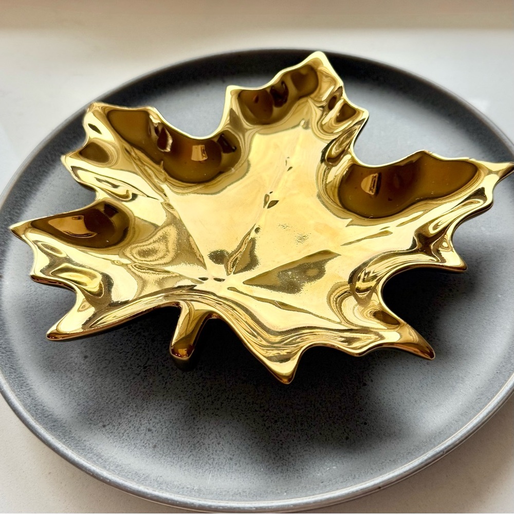 NWT Pottery Barn Gold Maple Leaf Appetizer Plate or Decor Tray - Brilliant Gold